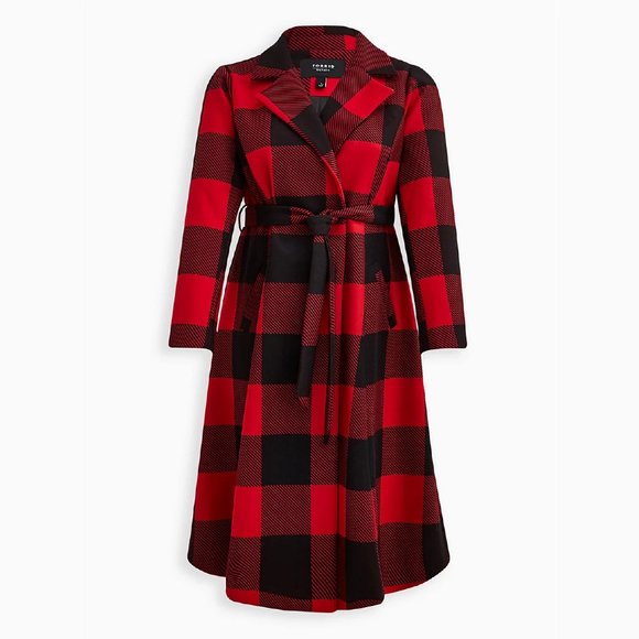 Torrid SELF-TIE FIT & FLARE LONGLINE COAT - STRETCH WOVEN PLAID RED Size… - Picture 2 of 5
